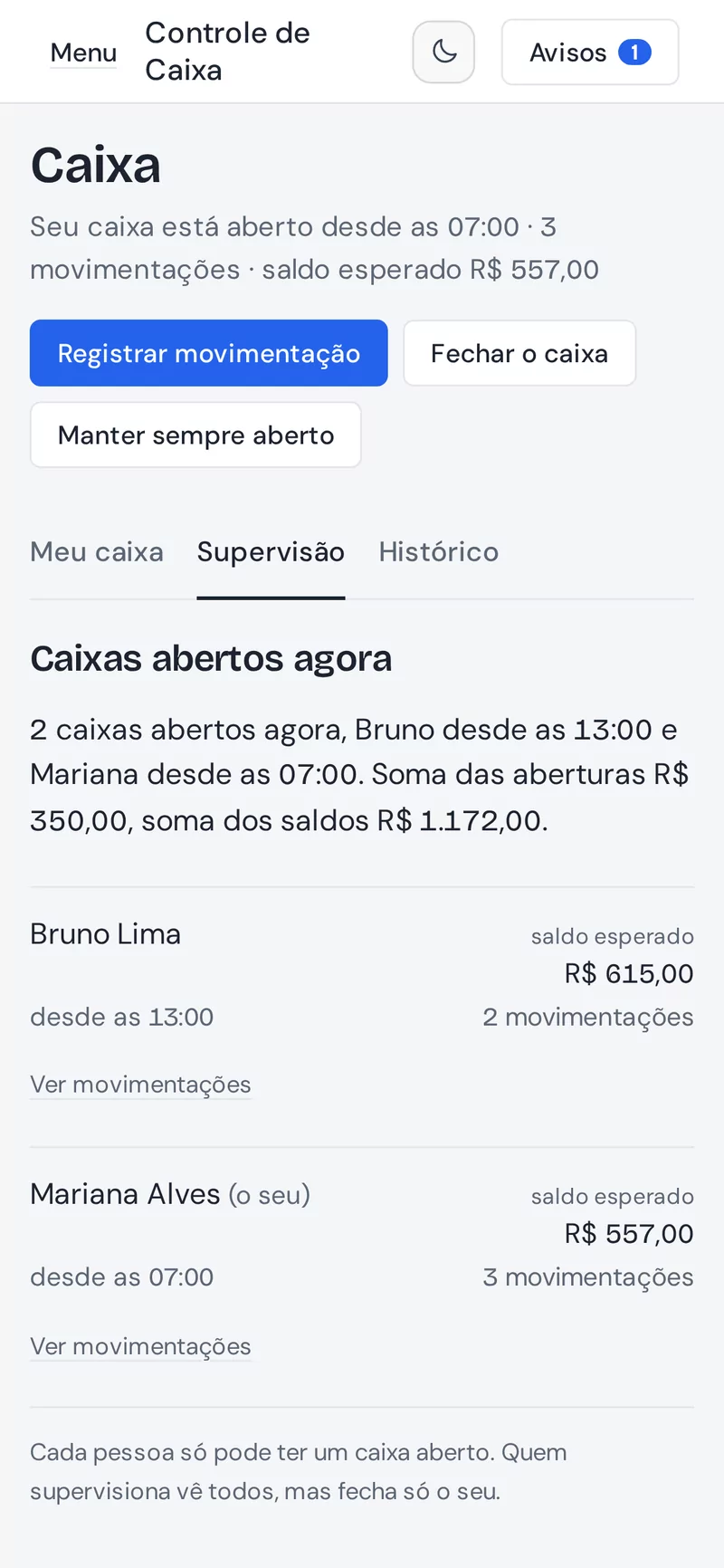 Tela do Pousada Flow: o caixa de cada pessoa, com dados de exemplo