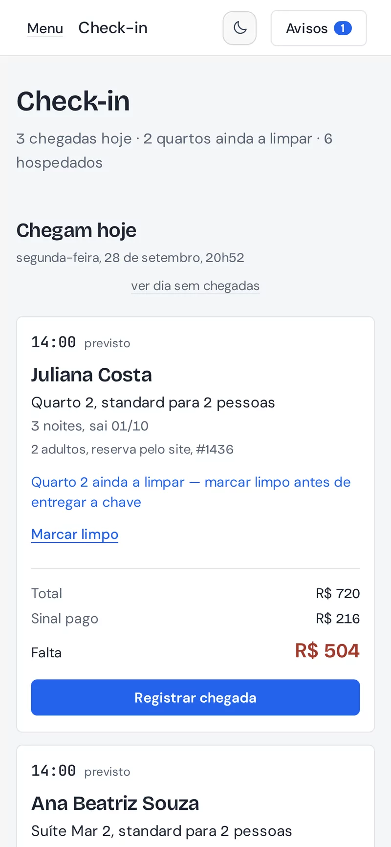Tela do Pousada Flow: a reserva que chegou, no check-in, com dados de exemplo