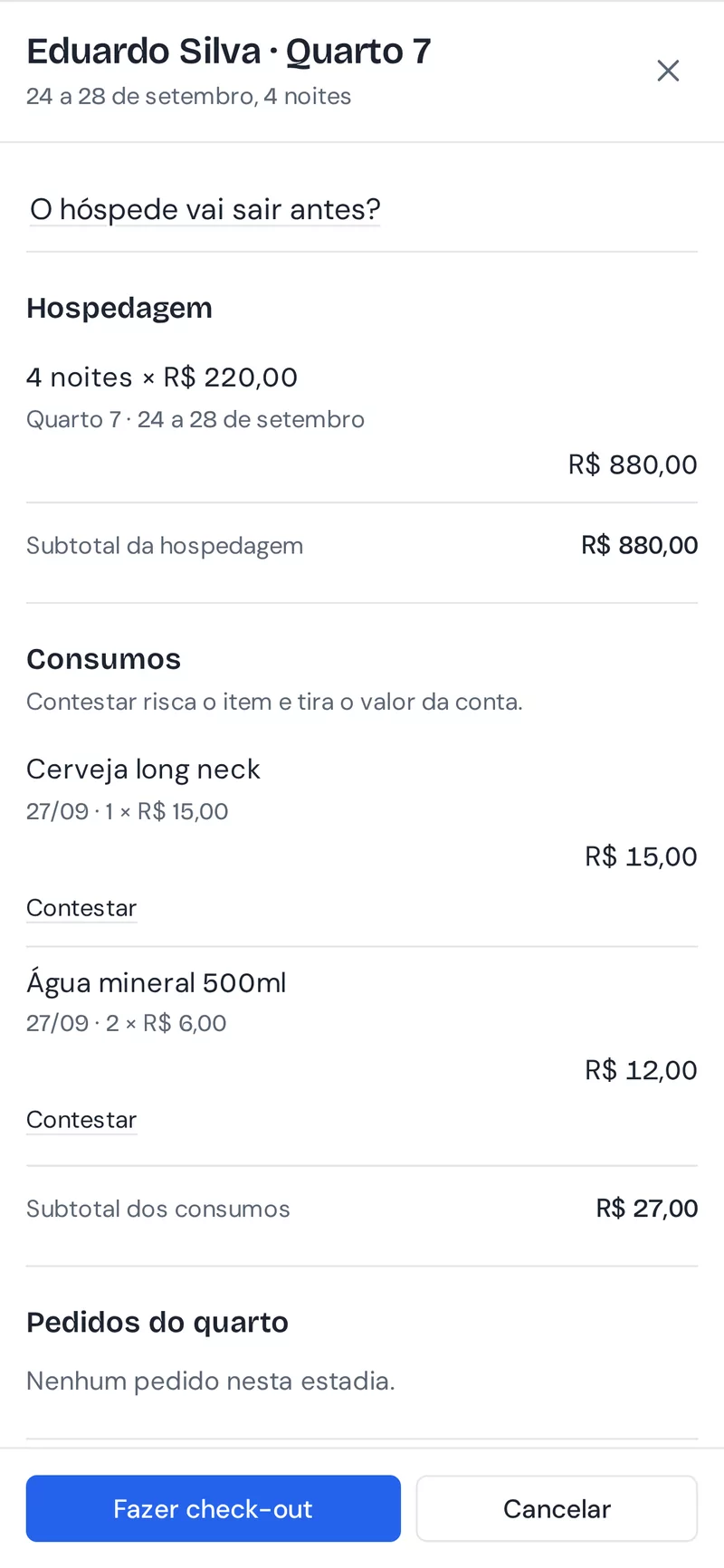Tela do Pousada Flow: a conta do hóspede com o consumo, com dados de exemplo