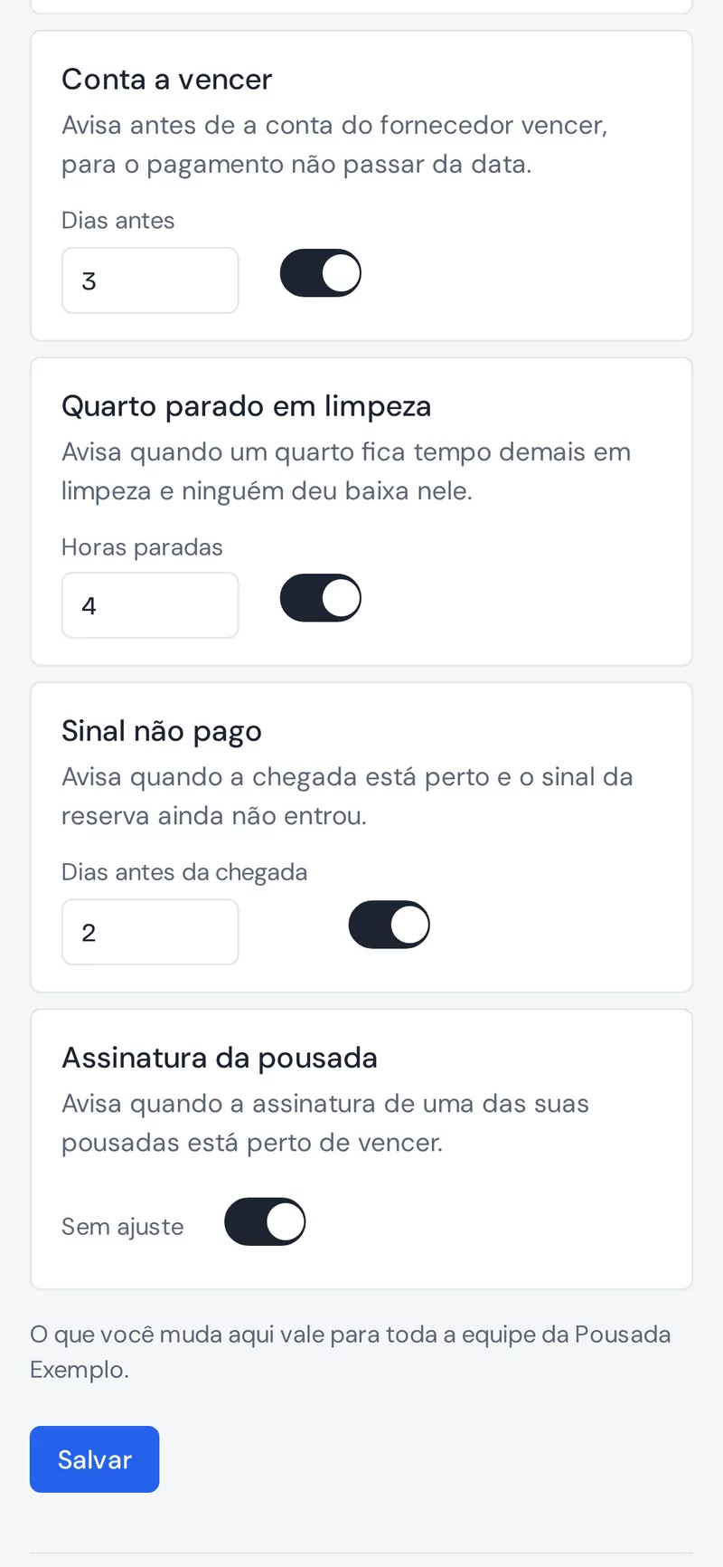 Tela do Pousada Flow: as contas a pagar, com dados de exemplo