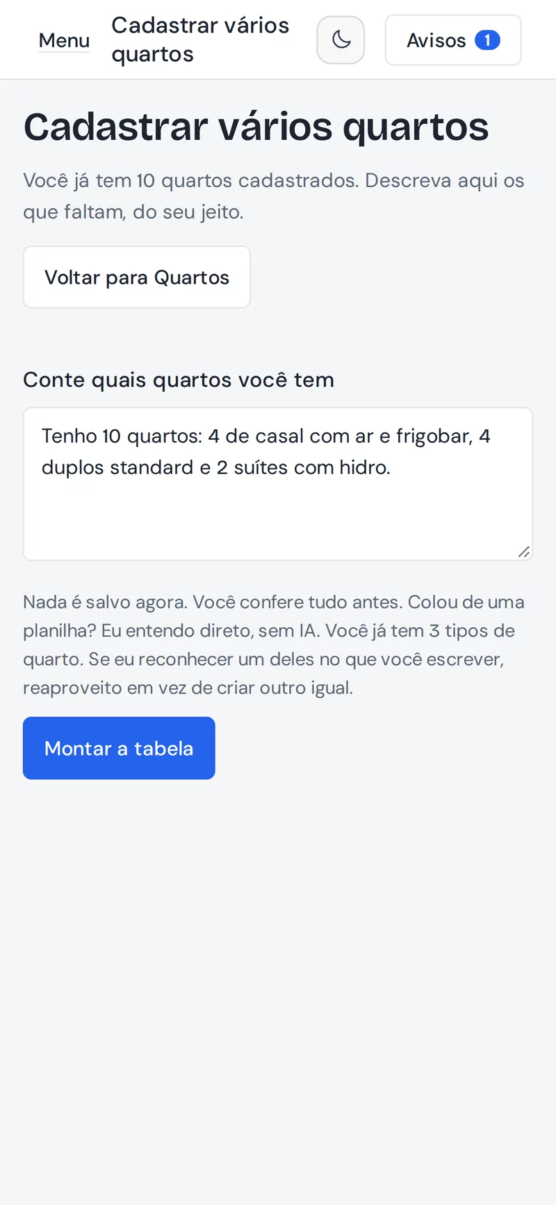 Tela do Pousada Flow: o cadastro dos quartos com a IA, com dados de exemplo