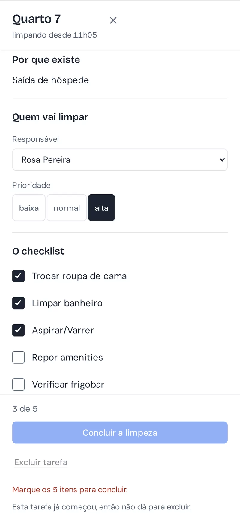 Tela do Pousada Flow: a fila da limpeza, com dados de exemplo