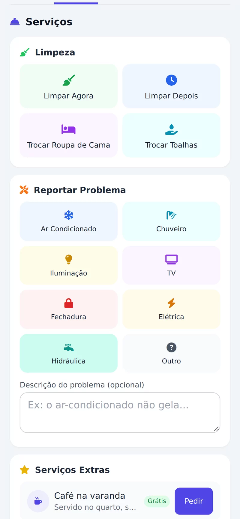 Tela do Pousada Flow: o portal do hóspede, com os pedidos de limpeza, com dados de exemplo