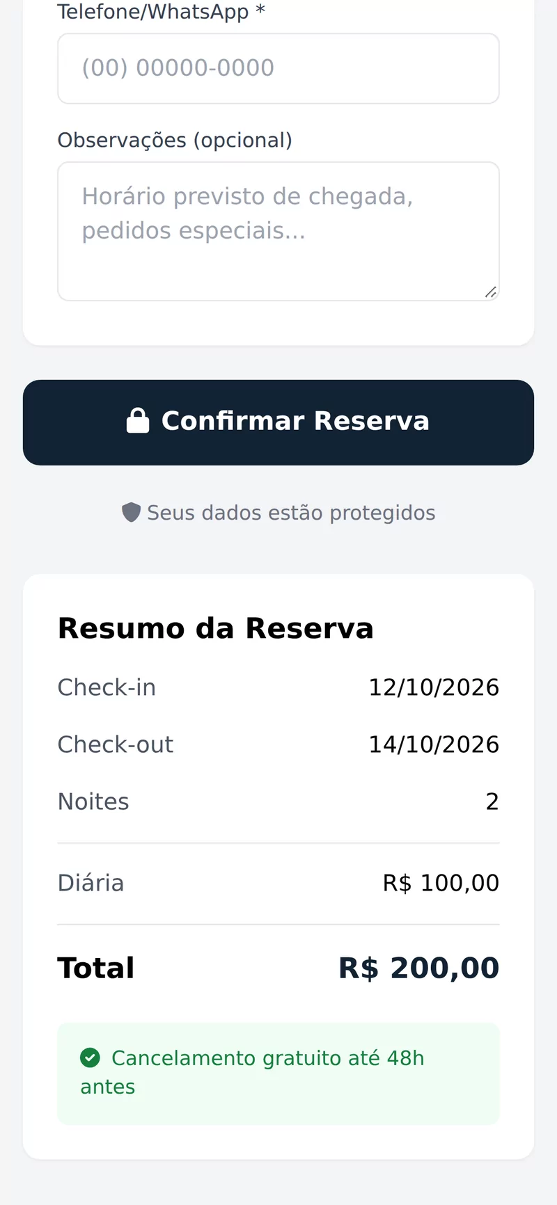 Tela do Pousada Flow: o site de reservas da hospedagem, com dados de exemplo